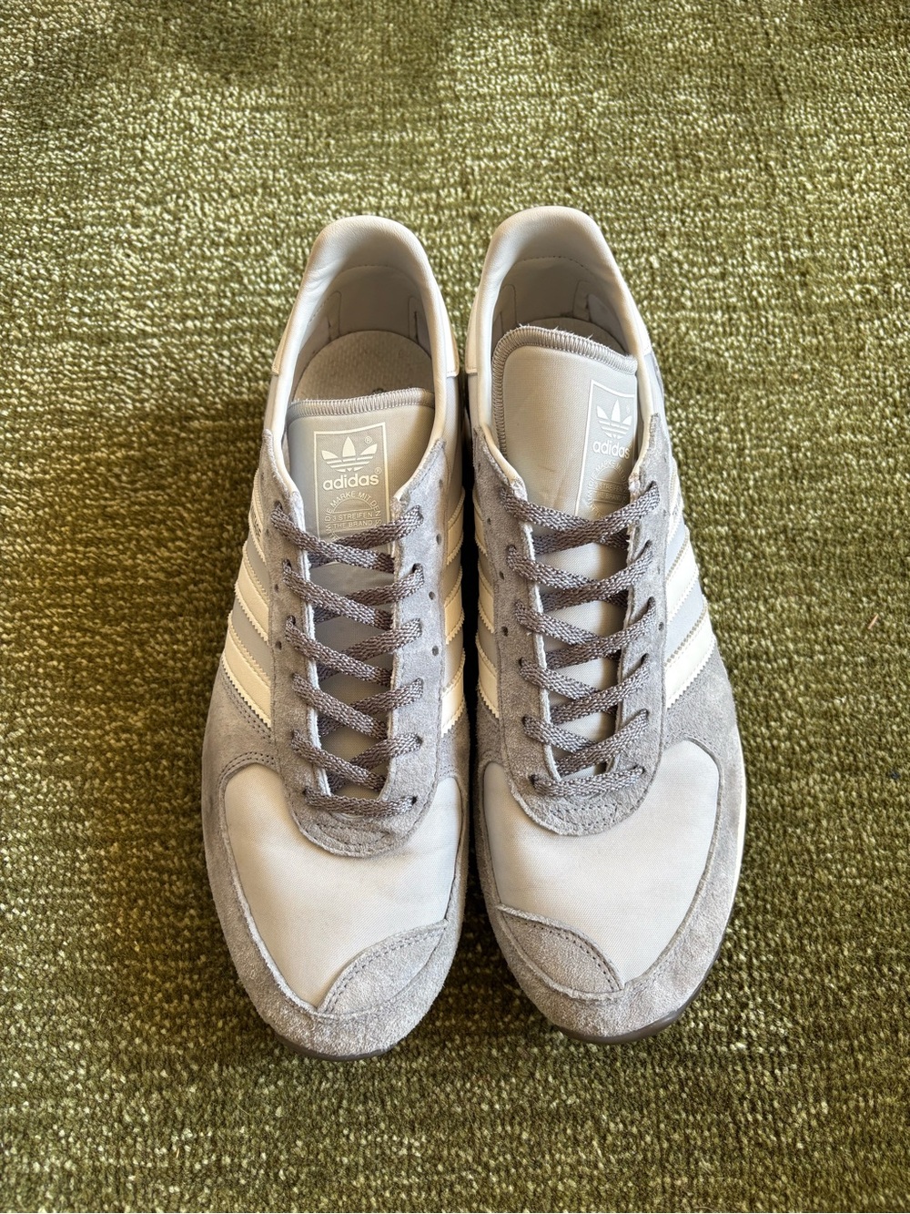 Adidas Men’s Grey Suede & Cream Three-Stripe Sneakers